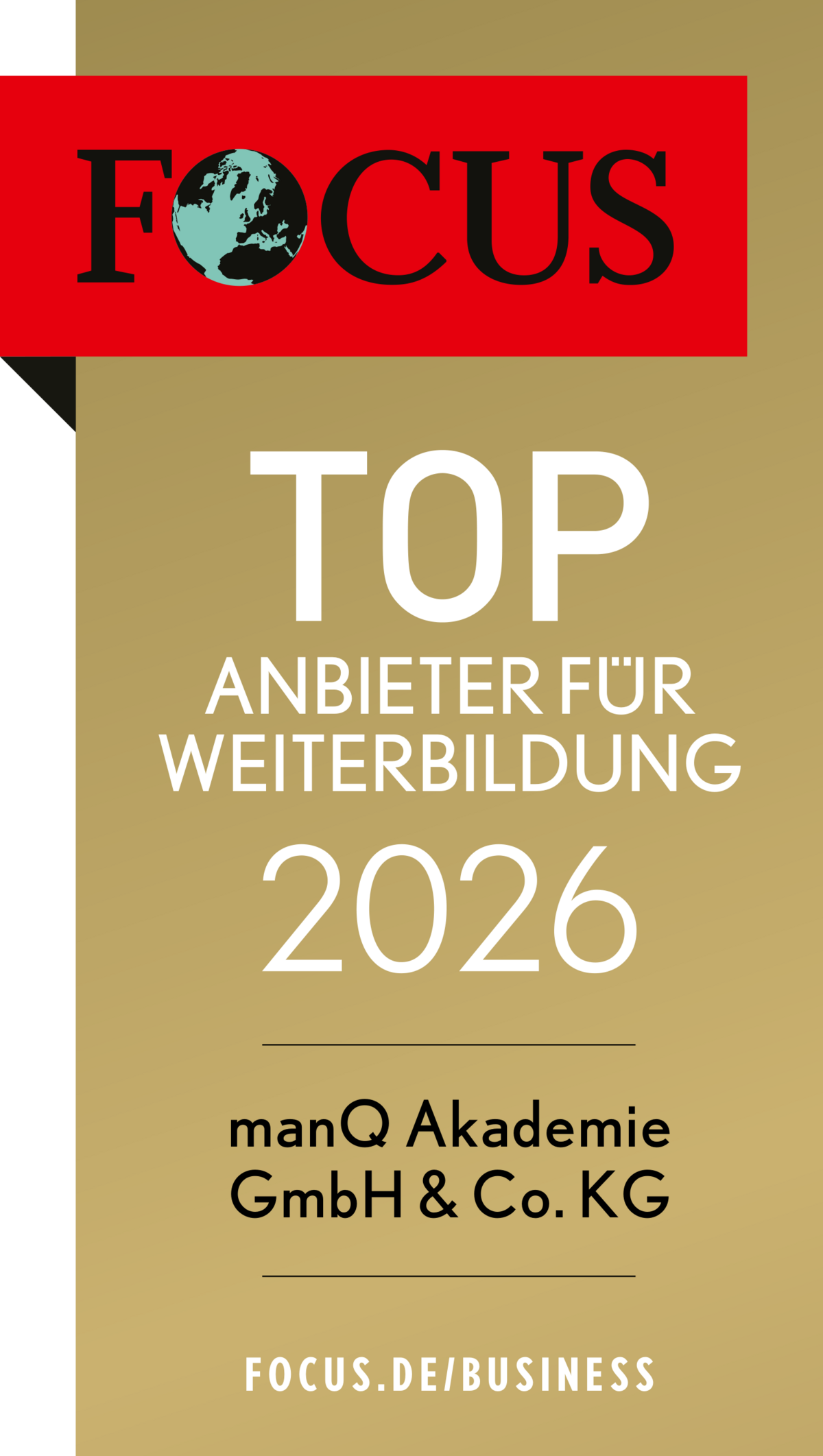 manQ - Top Anbieter für Weiterbildung 2025 Logo von Focus Business - manQ als Top Anbieter für Weiterbildung 2025 ausgezeichnet